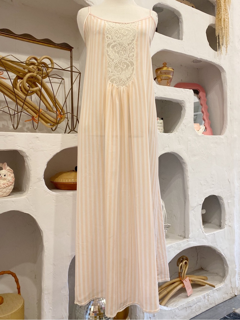 Vintage Pink & White Vertical Slip Spaghetti Strap Nightgown Dress Lace Cut Out